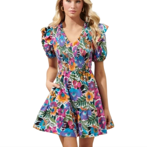 Baltic Born Kyrie Puff Sleeve Floral Print Dress Ruffle Shoulder Vibrant Boho XL - Picture 3 of 15